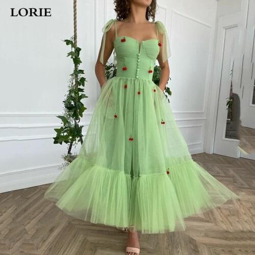 LORIE Green Sweetheart Prom Dresses Cherry Spaghetti Straps Tea Length Evening Dress Prom Party Gowns