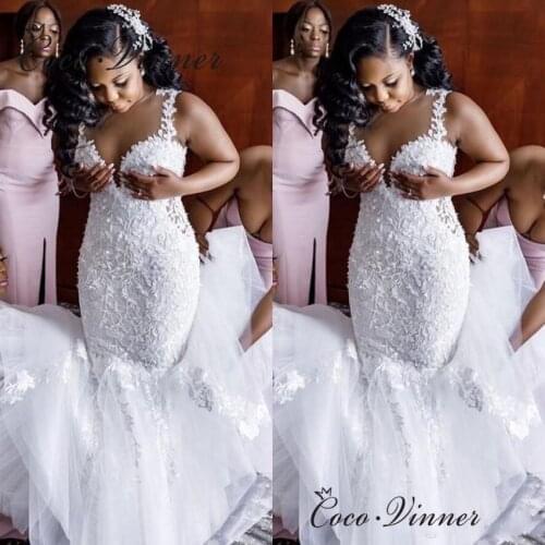 Small Strapes Lace up Back African Quality Mermaid Wedding Dress Pure White Train Wedding Dresses Custom Made Bridal Gown W0851