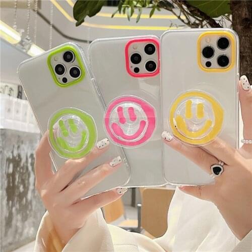 Cute Cartoon Smile Face Bracket Phone Case for IPhone 12 11 Pro Max XR SE20 X XS 8Plus Grip Stand Holder Clear Back Cover Fundas
