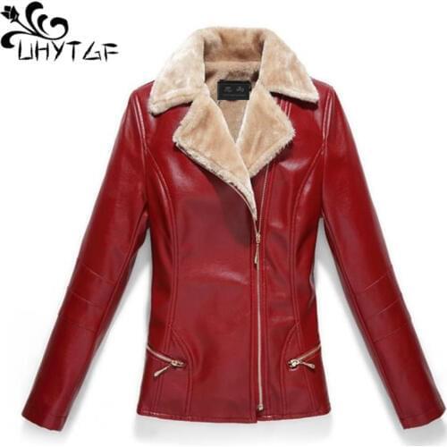 UHYTGF Quality autumn winter leather jacket plus velvet zipper casual short coat PU Washed leather elegant leather coats 7XL 826