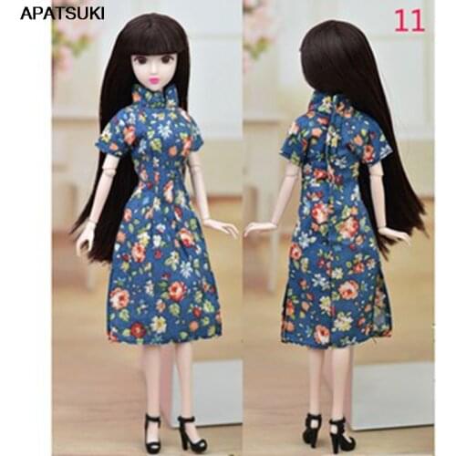 High Quality Blue Floral Handmade Dress For Barbie Doll Outfits Clothes Cheongsam Chinese Traditional Qipao Evening Dresses 1/6