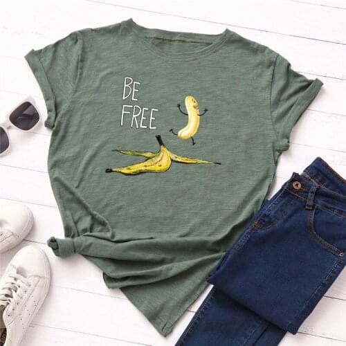 Women Summer Casual Plus Size S-5XL Fruit Banana Print 100% Cotton T-Shirt O Neck Short Sleeve Tees Be Free Funny T-Shirt Tops