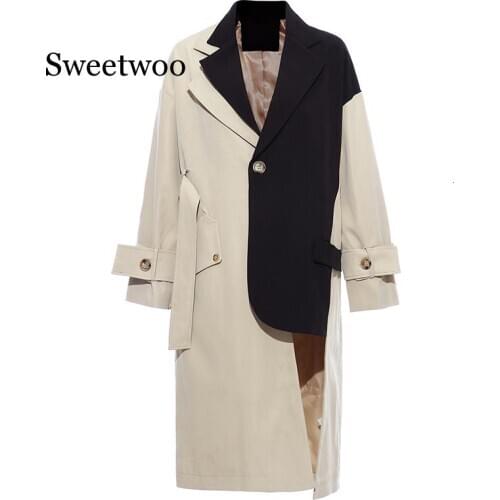 Women Khaki Big Size Asymmetrical Trench New Lapel Long Sleeve Loose Fit Windbreaker Fashion Autumn Winter 2020