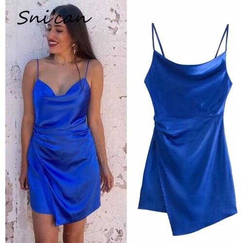 Blue Aymmetrical Sexy Dress Summer Sleeveless Strap Ruched Slim Satin Mini Dresses Za 2021 Women Sukienka Letnia Vestidos Cortos