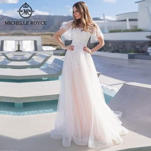 Michelle Royce A-Ling Wedding Dresses 2020 Sweetheart Ruffles Appliques Illusion Button Chapel Train Wedding Gowns Vestido Novia