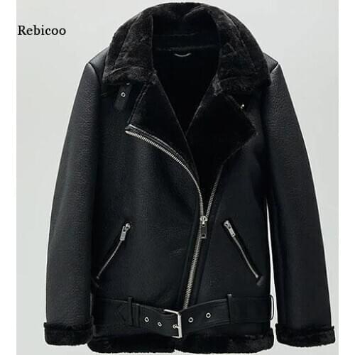 Winter Womens Sheepskin Coat Black Faux Leather Fur Turn Down Collar Female Fur Leather Thicken Warm Aviator Jackets