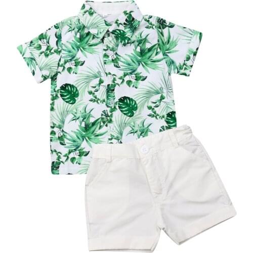 2021 Baby Boys Summer Outfit Sets Short Sleeve Leaf Print Button Down T-Shirt Tops + White Shorts 1-6T