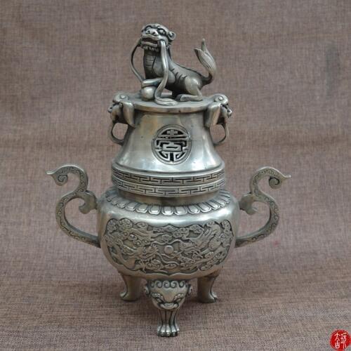 Antique MingDynasty Handmade silver Lion&dragon censer ,Hand-carved crafts,best collection& adornment