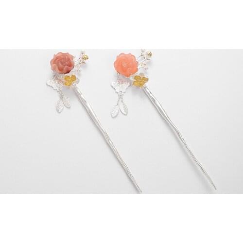 Bastiee 925 Sterling Silver Hair Stick Women Pink Stone Agate Dangle Butterfly Hair Step Shake Hmong Luxury Hairpins