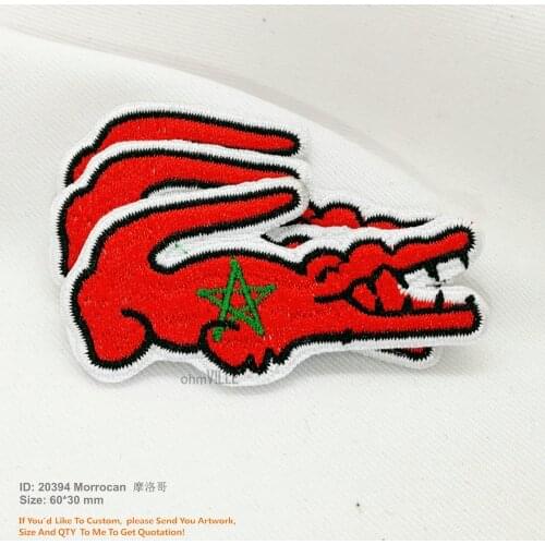 Free Shipping Morocco Flag Crocodiles Patch Embroidered Iron on Patches Promotion Eco-friendly Handmade 3D Appliqued Custom LOGO