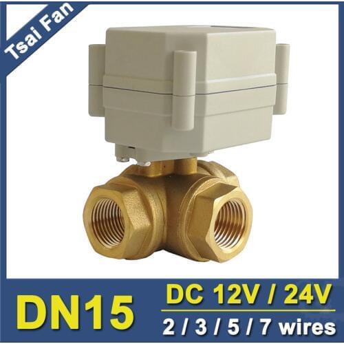 TF15-BH3-A DC12V DC24V 2/3/5/7 Wires 3 Way T/L Type Brass 1/2'' DN15 Horizontal Electric Ball Valve For Water Control System