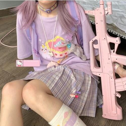 Japanese Cartoon Pink Short-sleeved Female Summer T-shirt Harajuku Style Korean Loose Soft Girl T-shirt Student Tops
