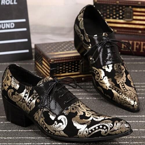 Christia Bella Classic Heighten Mens Prom Oxfords Shoes Golden Printing Real Leather Male Party Berby Shoes Man Lace Up Shoes