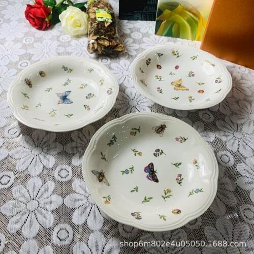 Retro creative ceramic tableware garden insect Dragonfly butterfly bee broken flower Western food plate soup plate