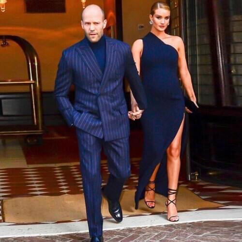 Fashion Blue Stripe Wedding Suit Double Breasted Slim Fit Mens Fashion Tuxedos Two Pieces Jacket Pants