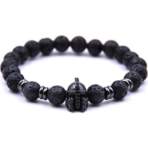 Natural Stone Lava Stone Bracelet Roman Knight Spartan Warrior Gladiator Helmet Bracelet Mens Mala Yoga Elastic Bracelet