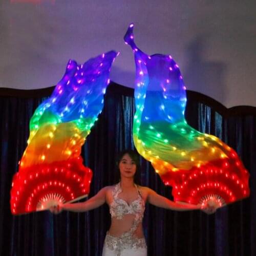 2019 New Belly Dance LED lights Silk Fan Veils colorful Rainbow Stage Performance Props LED Fan Veil for Oriental Dancing Fans