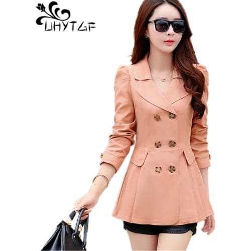 UHYTGF New Womens Trench Coat Spring Autumn Plus size Slim Double Breasted Windbreaker Outerwear Female Casual Trench Coat X490