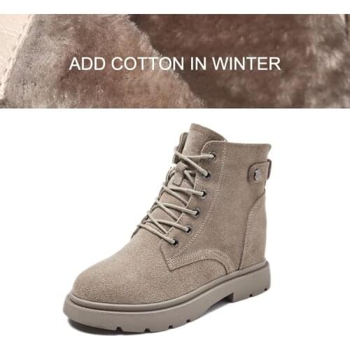 Genuine Leather Shoes Women Boots Warm Shoes Cow Leather Women Ankle Boots Autumn Winter Footwear Height Increasing 6.5cm A1649