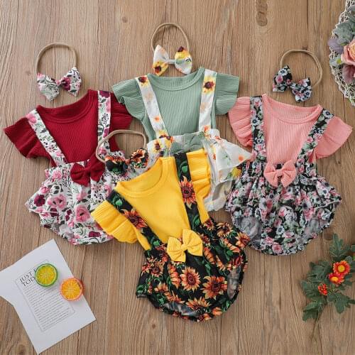 Newborn Baby Girls Clothes Set Solid Color Short Fly Sleeve T-shirt and Floral Suspender Shorts with Headband 3Pcs Outfits