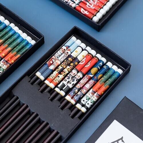 Chopsticks 5 pair Chinese japanese Wooden bamboo creative Handle Design Reusable Chopstick Set palillos Chop Stick with Case FDH