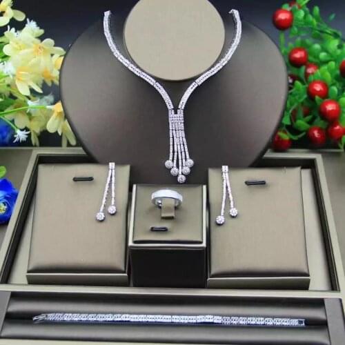 Luxury Cubic Zirconia Necklace Bracelet Earrings and Ring 4pcs Dubai Full Jewelry Set for Women,Bridal Dress Dinner