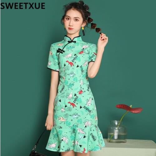SWEETXUE Lady Modern Improved Cheongsam Cartoon Print Ruffle Fishtail Dresses Women vestidos