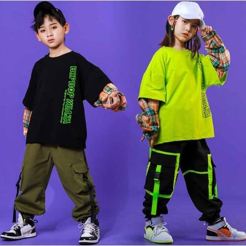 Childrens Day Fluorescent Green Top Leggings Kids Hip Hop Jazz Dance Costumes Boys Girls Stage Dancewear Rave Outfits XS1330