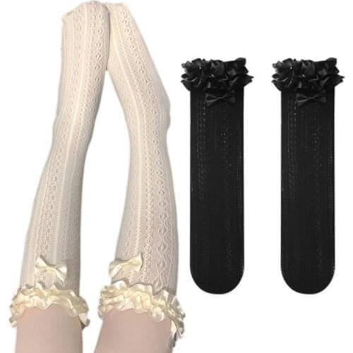 Japanese Women Satin Ruffles Calf Socks Sweet Bowknot Hollow Out Striped Pattern Student Summer Thin Knee High Stockings Hosiery