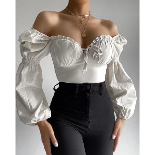 2021 new autumn womens sexy bubble sleeve lace up pleated short T-shirt harajuku trendy clothes for women 2000s aesthetic