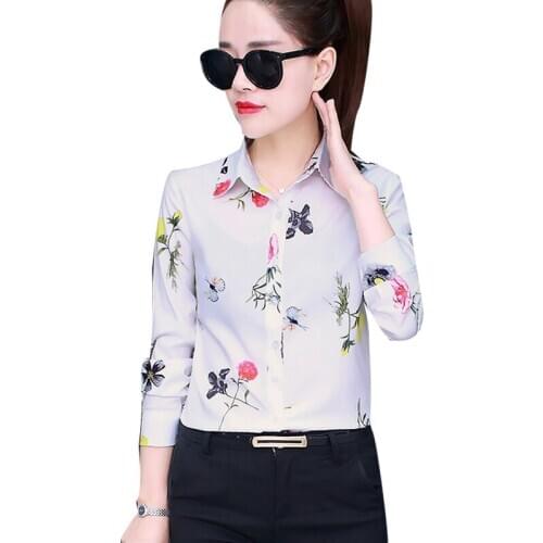 Womens Spring Autumn Style Chiffon Blouse Shirt Womens Elegant Printed Button Turn-down Collar Long Sleeve Slim Tops DD8441