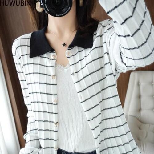 2021 Womens High-End Temperament Pearl Button Long Sleeve Sweater Autumn New Stripe Contrast Polo Collar Fashion Elegant Top