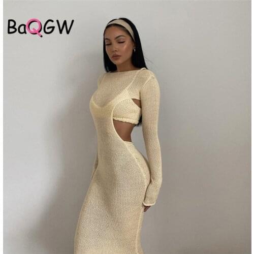 BaQGWS Knitted Dress Two Piece Set for Women Sexy See Through Cropped Top and Maxi Long Dress Set Autum Long Sleeve Tracksuit