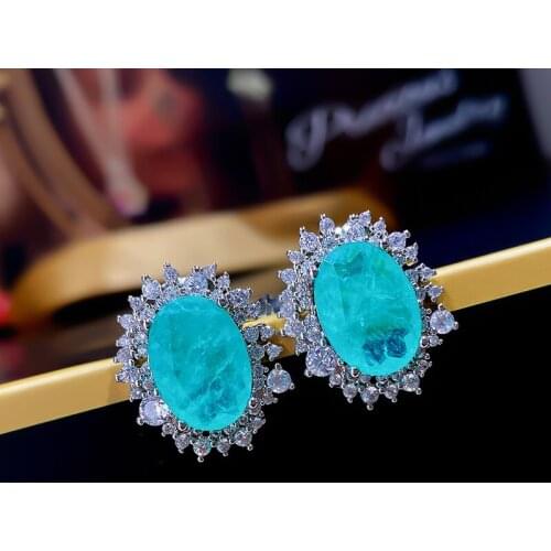 2021 Classic Oval Cut 10*14MM Emerald Paraiba Tourmaline Gemstone Earring For Women Anniversary Fashion Jewelry