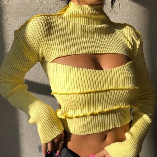 2021 Ribber Knitted Turtleneck Top Women Hollow Out Casual Long Sleeve T Shirt Vintage Skinny Yellow Crop Tee Lady Clothing