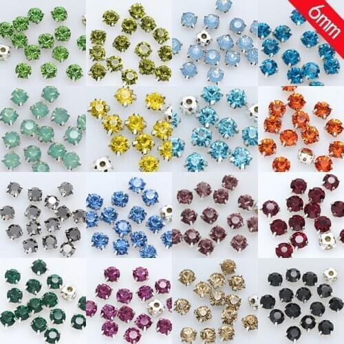 36pc 6mm Sew on crystal glass Rhinestone Flatback Diamante Diy Decorative Silver Cup Claw 4-holes Sewing Beads craft clothes