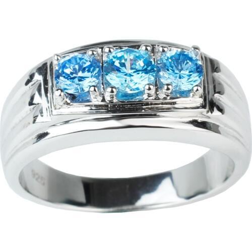 925 Sterling Silver Finger Ring for Men with 3-stone Sky blue Cubic Zirconia CZ Crystal Jewelry R519