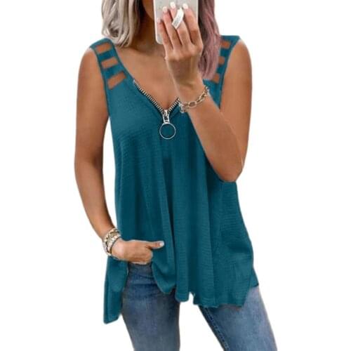 Hollow Out Sexy Tank Top Women Zipper V-Neck Sleeveless T shirt Summer Vest Top 3XL Large Size Women Loose Casual Clothes 2021