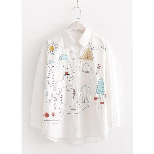 White Women Cartoon Embroidery Cotton Shirts Long Sleeve Elephant Tree Sun Loose Blouse Tops Kawaii Cute 2021 Lapel Blusas Mujer