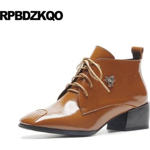Booties Lace Up Chunky Square Toe Boots Brown Designer Shoes Women Luxury 2021 Ankle Patent Leather Metal Vintage Trend Short