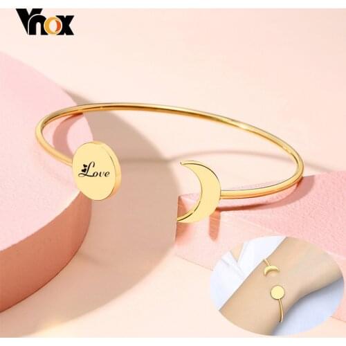 Vnox Women Trendy Sun and Moon Charm Cuff Bangle Bracelets with Personalize Engraving Info Custom Jewelry