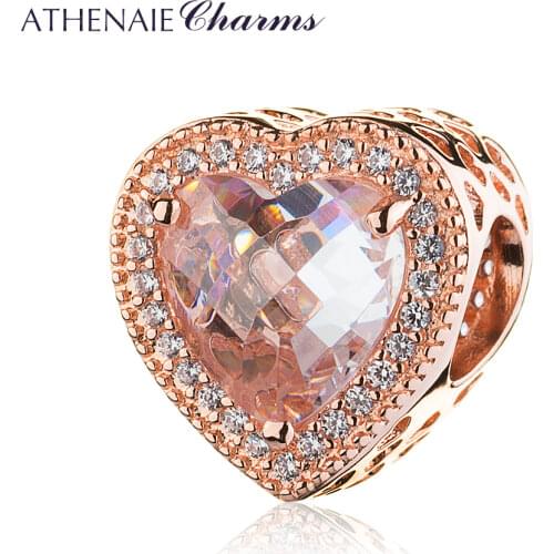 ATHENAIE 925 Sterling Silver Rose Gold Color & Clear CZ Radiant Hearts Pendants Charms Beads Fit Bracelets & Bangles