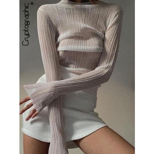 Cryptographic 2021 Fall Elegant See Through Long Sleeve Mock Neck Women Tops Fashion Streetwear Sexy T-Shirts Tees Slim Clothes