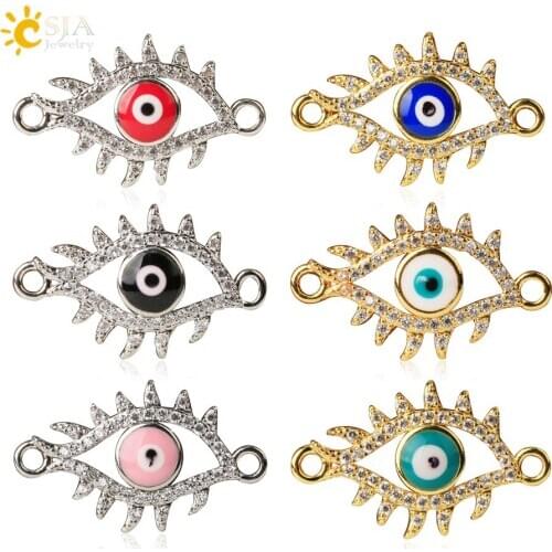 CSJA Evil Eye Beads Double Hole Connector Charms Silver Color Metal Micro Pave Spacer for Jewelry Making Bracelet Necklace S653