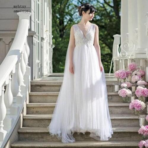 Princess Cheap Wedding Dresses V Neck A Line Appliques Tulle Long White Ivory Boho Wedding Gown Free Shipping Bride Dress 2020