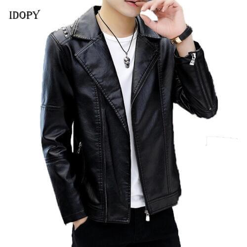 Idopy Winter Mens Faux Leather Jackets Coats Men Rivet PU Leather Studded Vintage Fleece Lined Motorcycle Biker Leather Coat