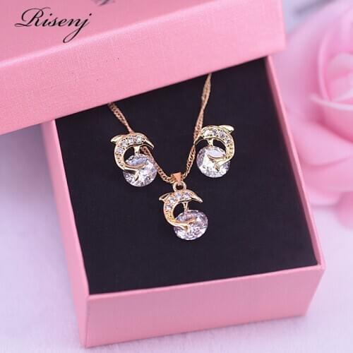 Lucky dolphin Many Colors Top Zircons Rose Gold Jewelry Stud Earrings Necklace With Pendant Set For Women Very Pretty Present