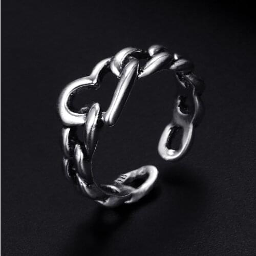 Trendy Vintage Heart Antique Silver Plated Punk Hiphop Rock Style Resizable Rings for Women Girl & Man Retro Party Jewelry