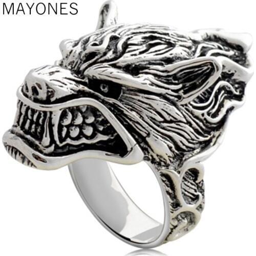 Vintage Punk Man Rings real 925 Sterling Silver Animal Head Retro Wolf Langtou Ring Mens Metal Fashion Jewelry Accessories