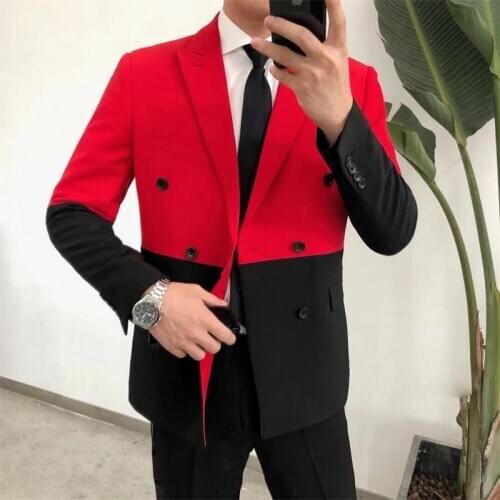 Mens Blazer Hombre Semi-Black Red White Double-Breasted Blazer Masculino Slim Wedding Prom Fashion Stitching Mens Blazer Men